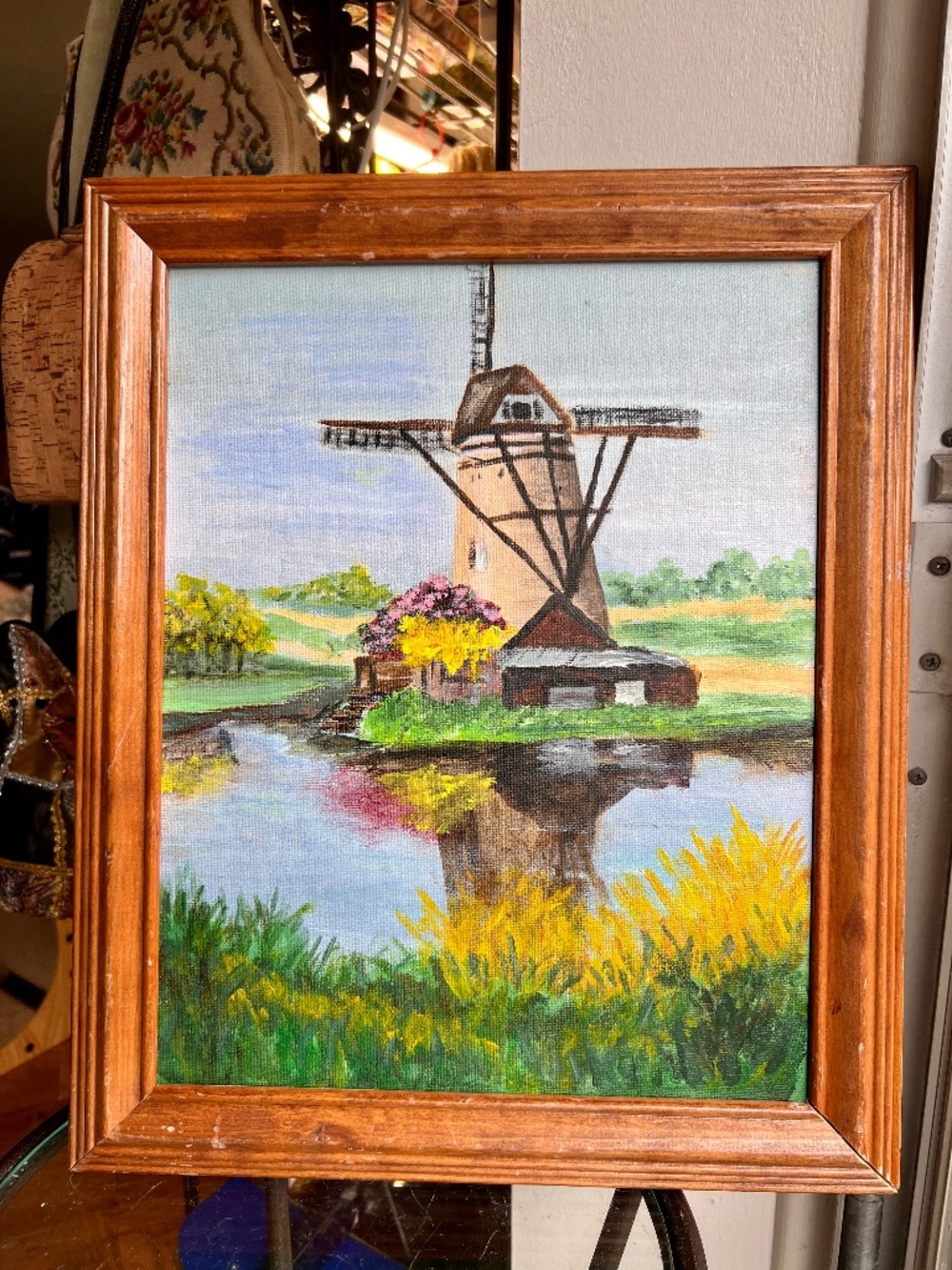 Dutch windmill by waterfront original or amateur oil/acrylic painting on canvas